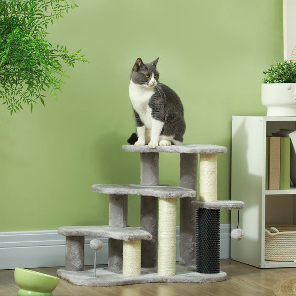 Cat tree with stairs and scratching post, light grey
