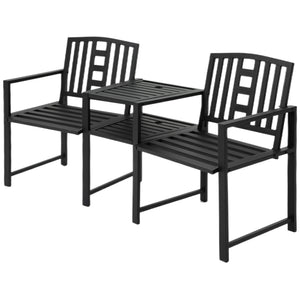 2-seater metal garden bench with central table, black