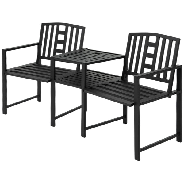 2-seater metal garden bench with central table, black