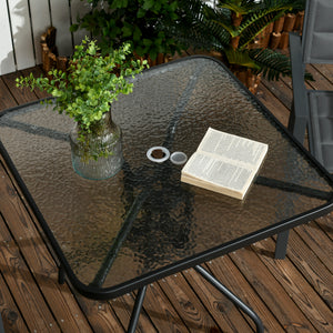 Square dining table with parasol hole and tempered glass top, black