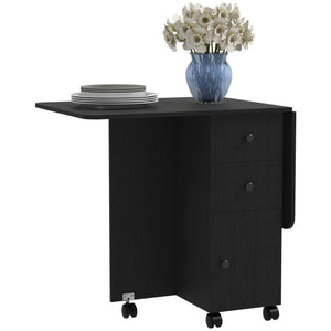 Black dining table on wheels with drawers and cabinet, foldable