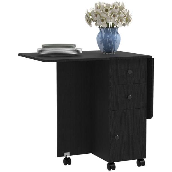 Black dining table on wheels with drawers and cabinet, foldable