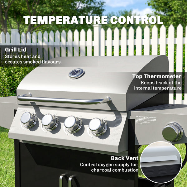 4+1 burner propane gas barbecue with side burner, warming rack and side shelf.