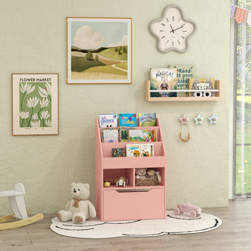 Children's bookcase with storage drawer, pink