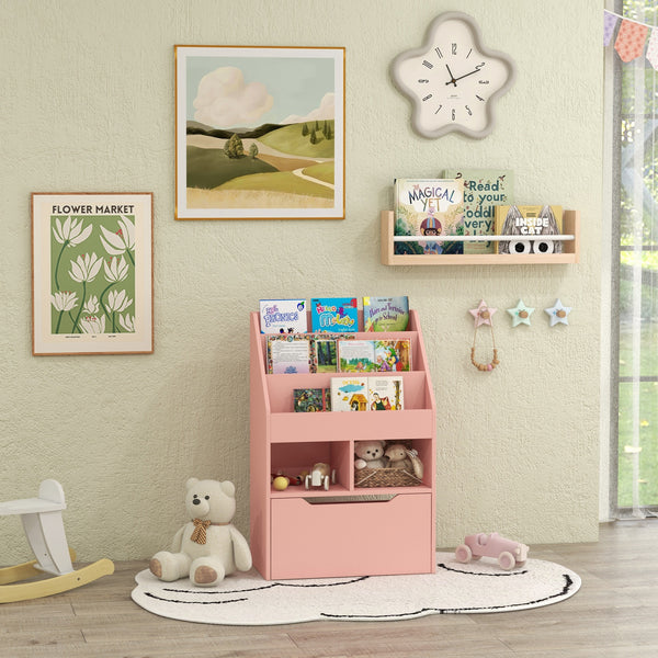 Children's bookcase with storage drawer, pink