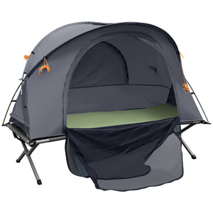 Folding camp bed with self-inflating air mattress and carrying bag