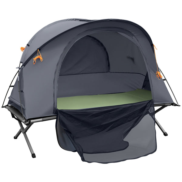 Folding camp bed with self-inflating air mattress and carrying bag