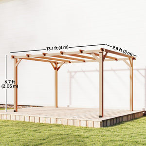 10' x 13' wooden pergola, triangular supports, concrete anchors, natural wood