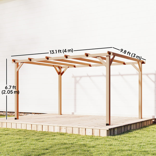 10' x 13' wooden pergola, triangular supports, concrete anchors, natural wood