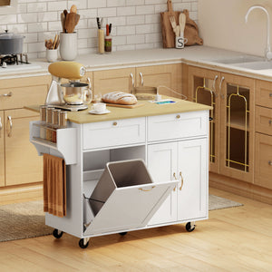 White mobile kitchen island with fold-down countertop, electrical outlets and storage
