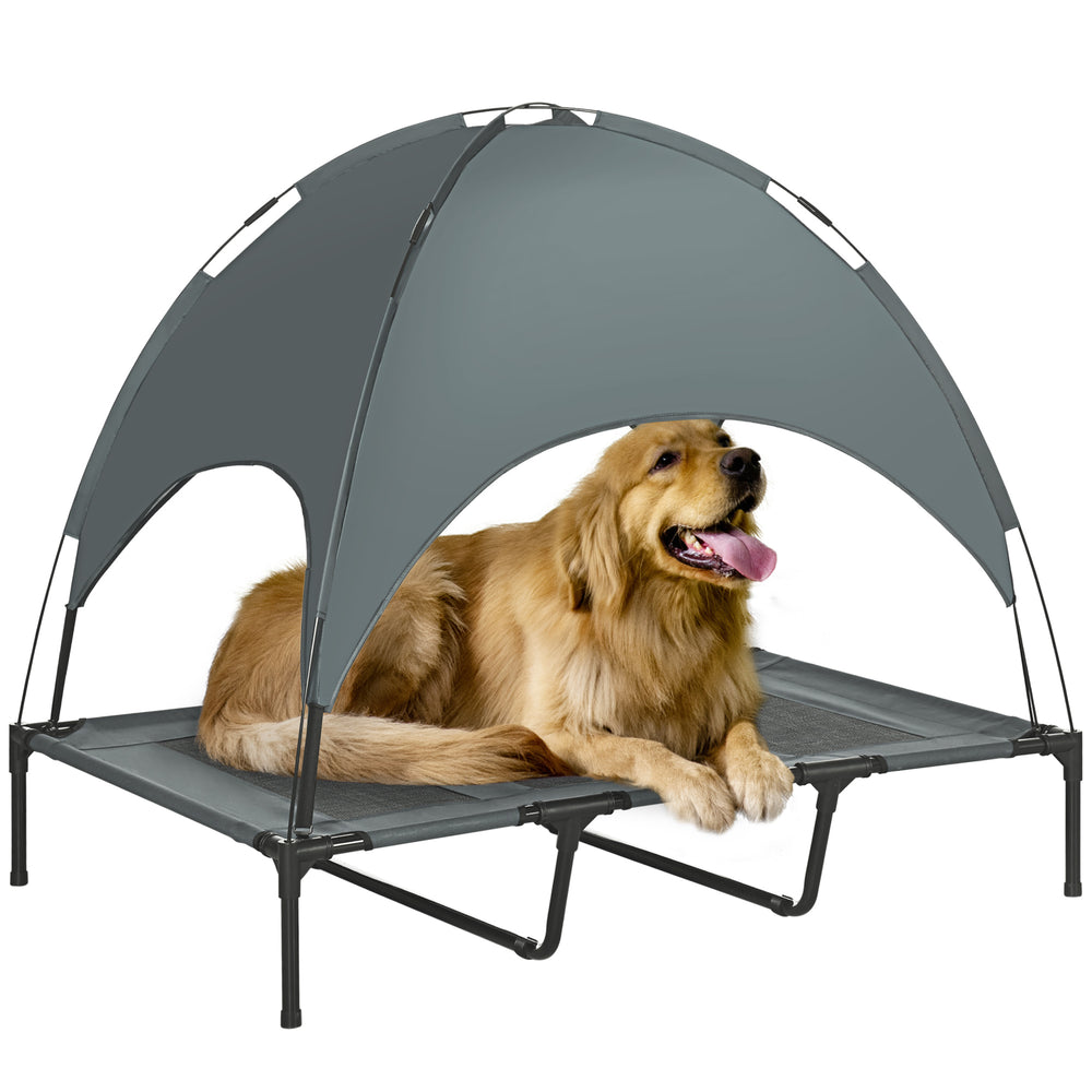 Elevated dog bed with canopy, gray