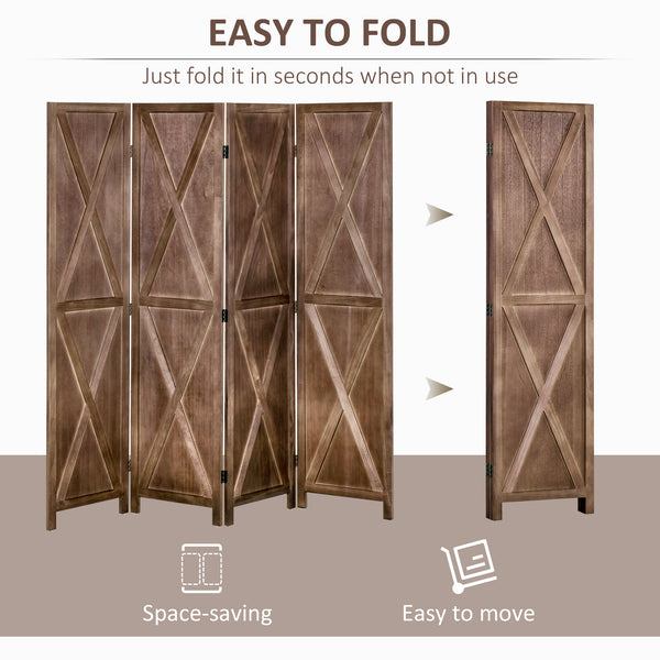 4-panel country style room divider with folding wooden frame, walnut