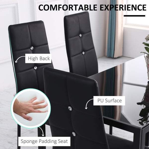 Set of 4 high-back upholstered chairs with padded seats, steel legs, black