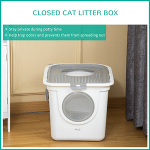 Enclosed litter box with front entrance, top exit and scoop, white