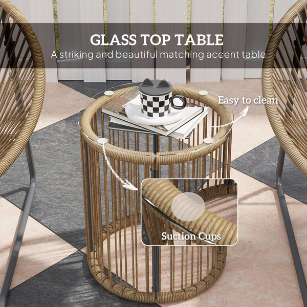 Outdoor Bistro Set, 3 Piece Wicker Patio Furniture Set with 2 Chairs and Glass-Top Table, Natural Wood