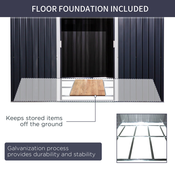 Metal garden shed with double sliding doors and 4 vents, dark grey