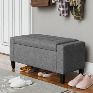 Linen-feel fabric upholstered storage ottoman bench with folding top, grey