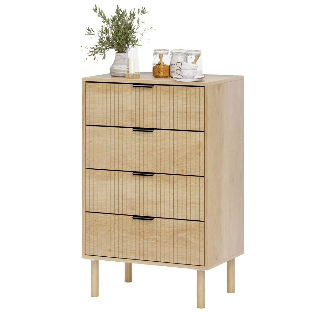 Chest of drawers with 4 drawers, fluted panels and solid wood legs, oak color