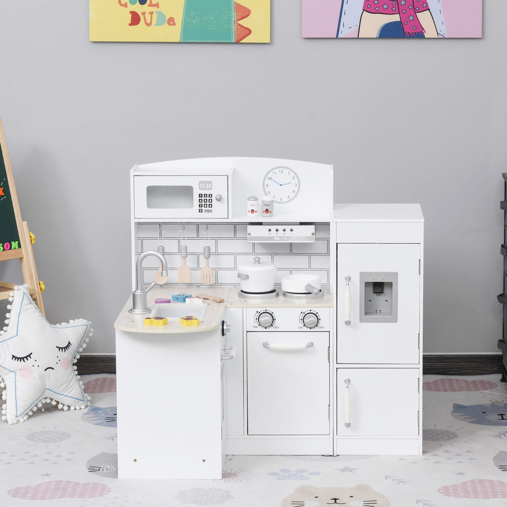 Kids Kitchen with Water Fountain, Microwave and Accessories, White