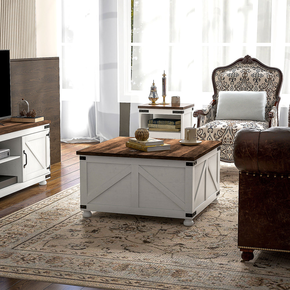 Country style center table with hidden compartment, antique white