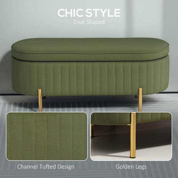 Upholstered tufted bedroom bench with metal legs, dark green