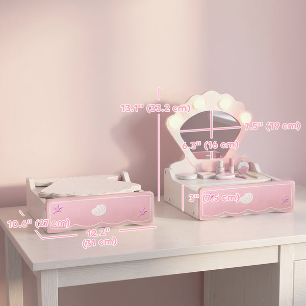 Children's vanity table with lighted mirror, drawer and 8 accessories