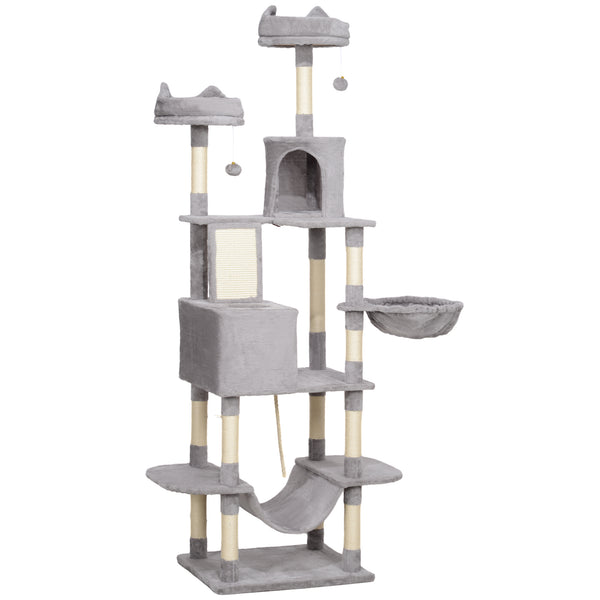 Large 205cm Cat Tree with Scratching Posts, Cabins, Beds, Hammocks, Light Grey