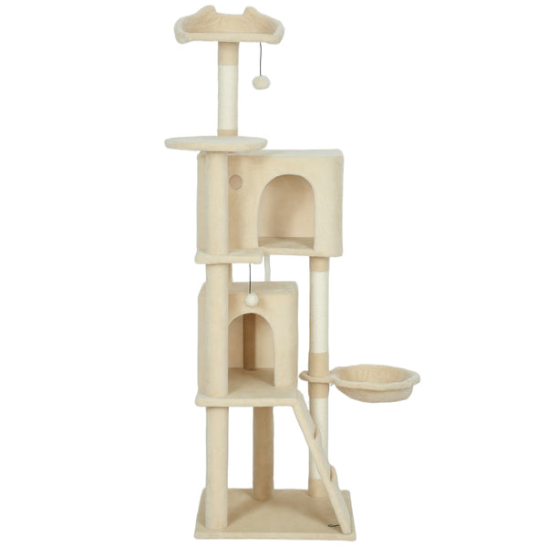 160cm Cat Tree with Scratching Posts, Cabins, Soft Perches, Hammock, Ladder, Beige