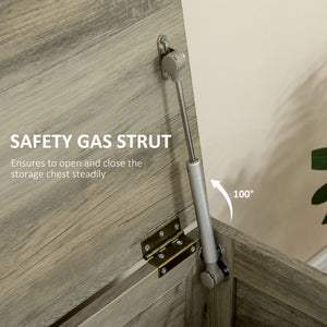 Farmhouse style storage chest, 100° opening safety hinge, grey wood grain