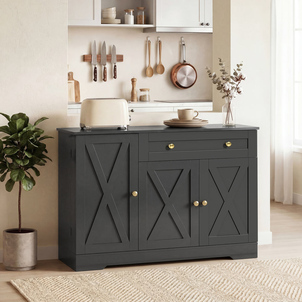 Farmhouse Coffee Bar Cabinet with Doors, Adjustable Shelves, Drawer, Sliding Barn Doors, Black