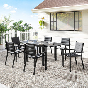 Patio Dining Set for 6, Aluminum Expandable Outdoor Table and 6 Stackable Chairs with Padded Back, Mesh Seat, Black