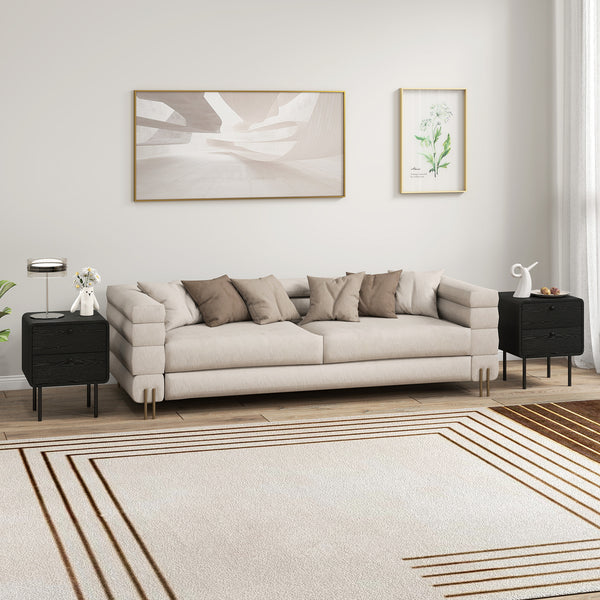 Set of 2 bedside tables with 2 storage drawers and steel legs, black wood finish.