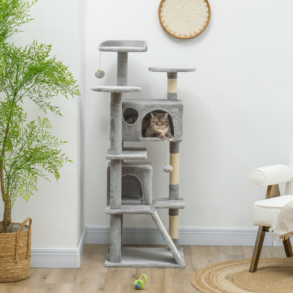 54-inch Multi-Level Cat Tree with Scratching Posts, Condos, Bed, Platforms, Light Gray
