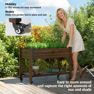 Raised wooden planter with lockable casters and storage shelf