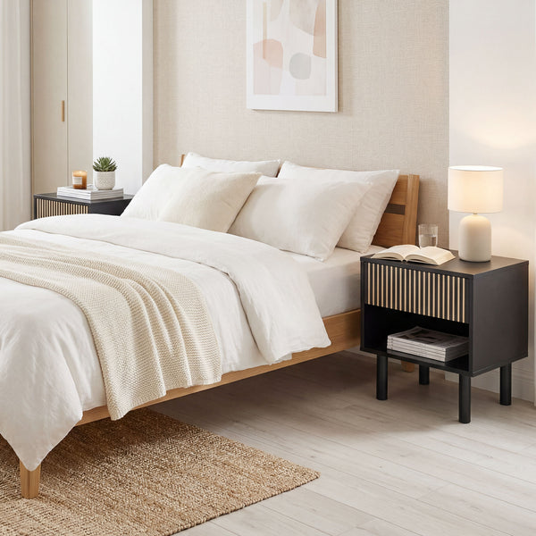 Modern nightstand with drawer and open shelf – Black