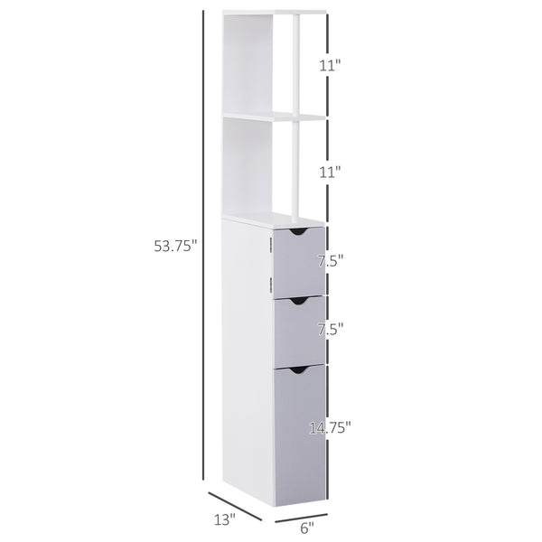 Narrow unit with drawers and open shelves for small spaces, white and grey