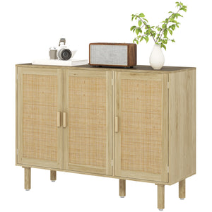 Bohemian buffet with 3 rattan doors and shelves, for living room or entryway, in oak.