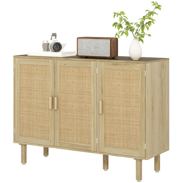 Bohemian buffet with 3 rattan doors and shelves, for living room or entryway, in oak.