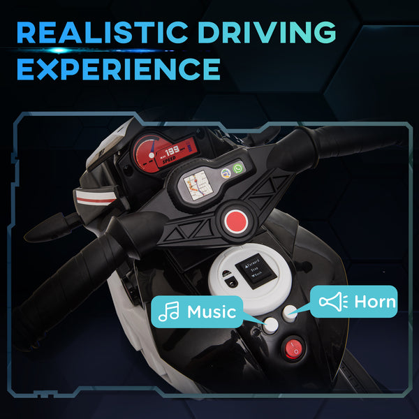 6V Electric Motorcycle with 3 Wheels, Music, Horn, Lights, Black