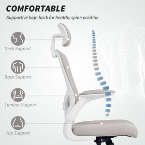 Ergonomic mesh office chair with headrest and lumbar support, grey