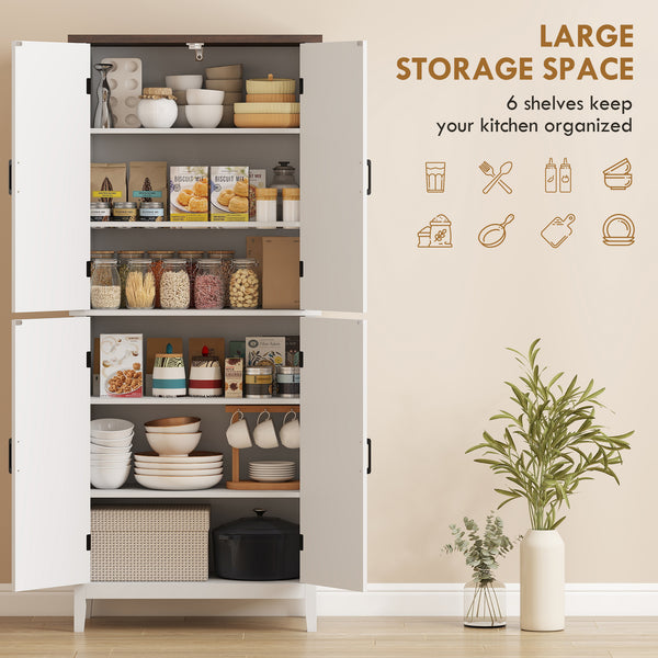 Modern farmhouse kitchen storage cabinet with 4 chevron doors and 4 adjustable shelves, white.