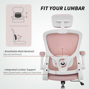 Ergonomic mesh office chair with headrest and lumbar support, pink