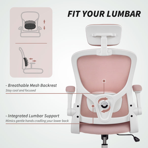 Ergonomic mesh office chair with headrest and lumbar support, pink