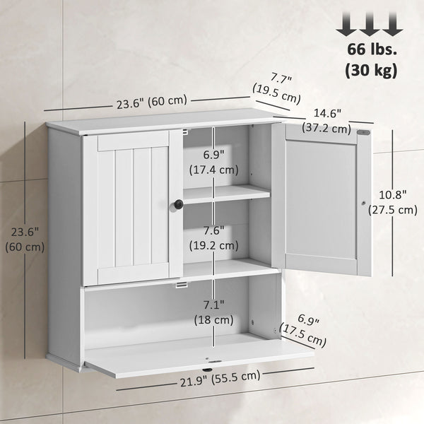 Wall-mounted bathroom cabinet, farmhouse style, with adjustable shelves and drop-down door, white