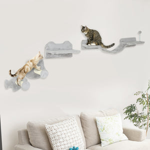 Wall-mounted cat shelves with steps, scratching posts, ladder, platforms and balls