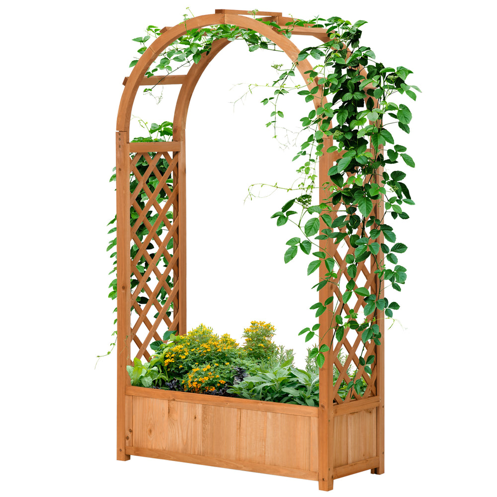 Raised planter with arched trellis for climbing plants, brown