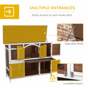 Two-tier wooden hutch with opening roof and pull-out tray