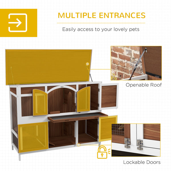 Two-tier wooden hutch with opening roof and pull-out tray