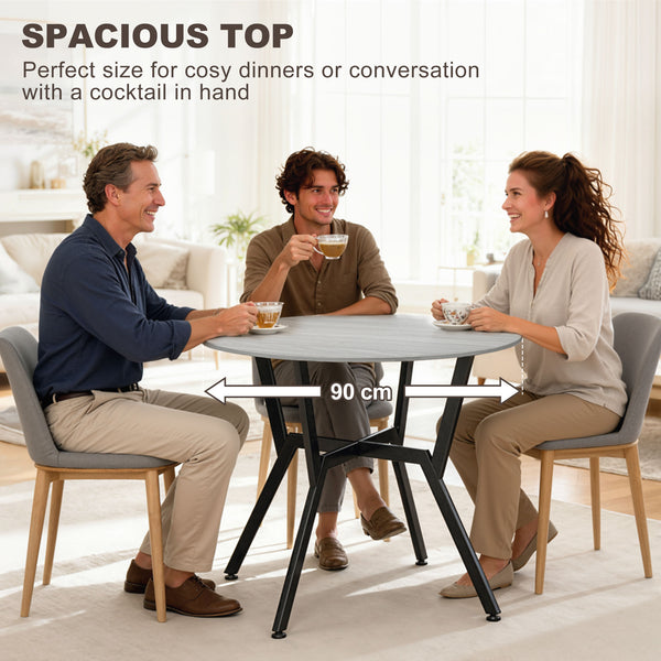 Modern round dining table with steel frame, grey
