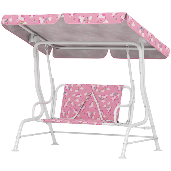 Qaba Kids Porch Swing, 2-Seater Patio Swing Bench with Safety Belts, Adjustable Canopy for Backyard, Garden, Pink